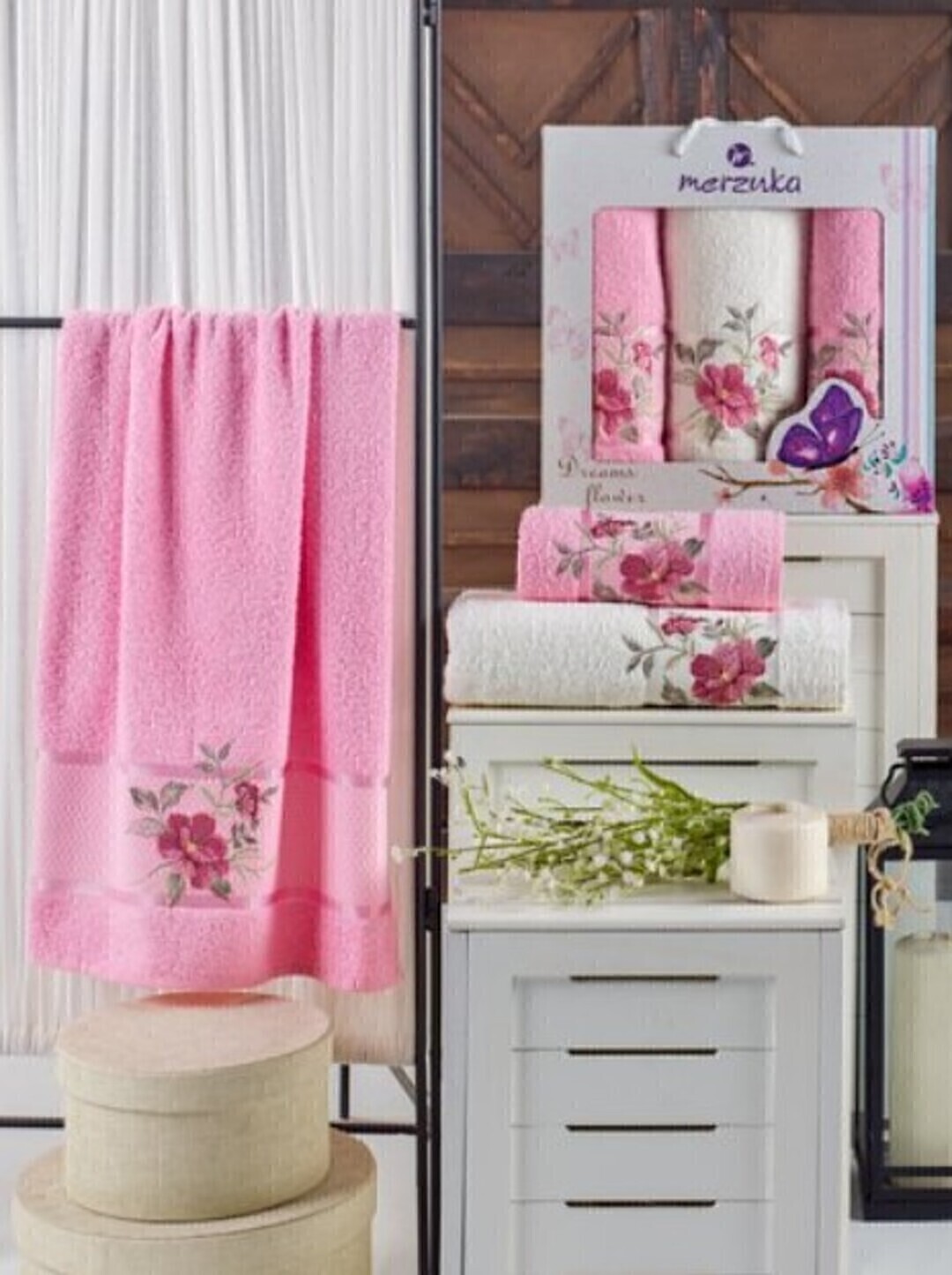 Набор полотенец махровых Dreams Flower Merzuka <3 предмета 50*90-2шт+70*140, розовый> (арт.10677, 10678)